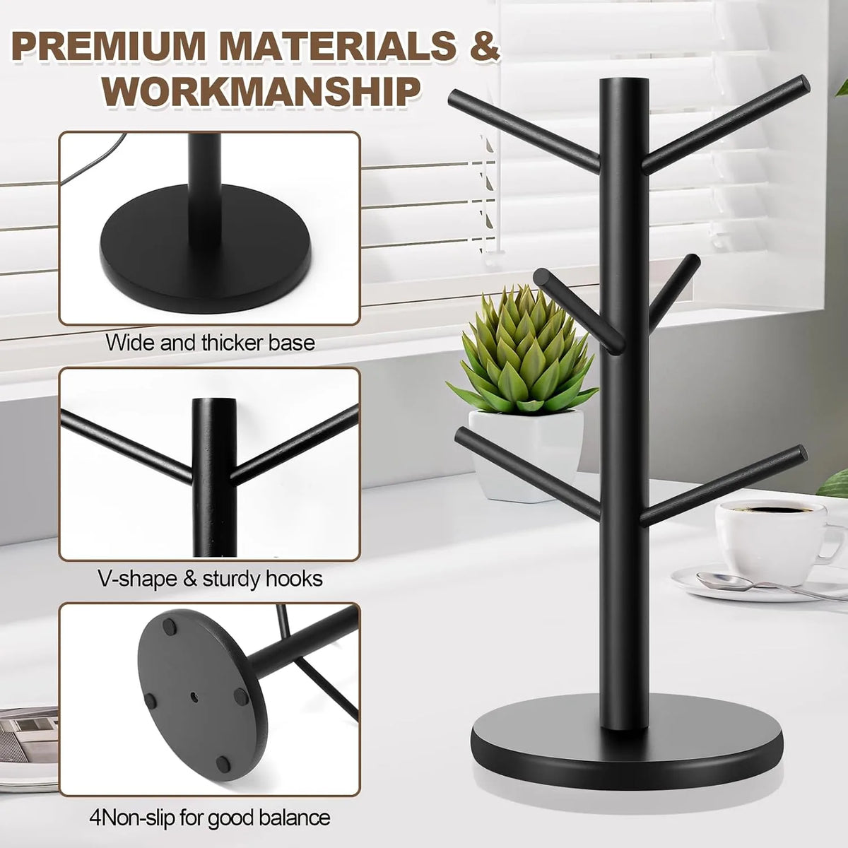 Tree-Shaped Wooden Mug Holder with Round Base