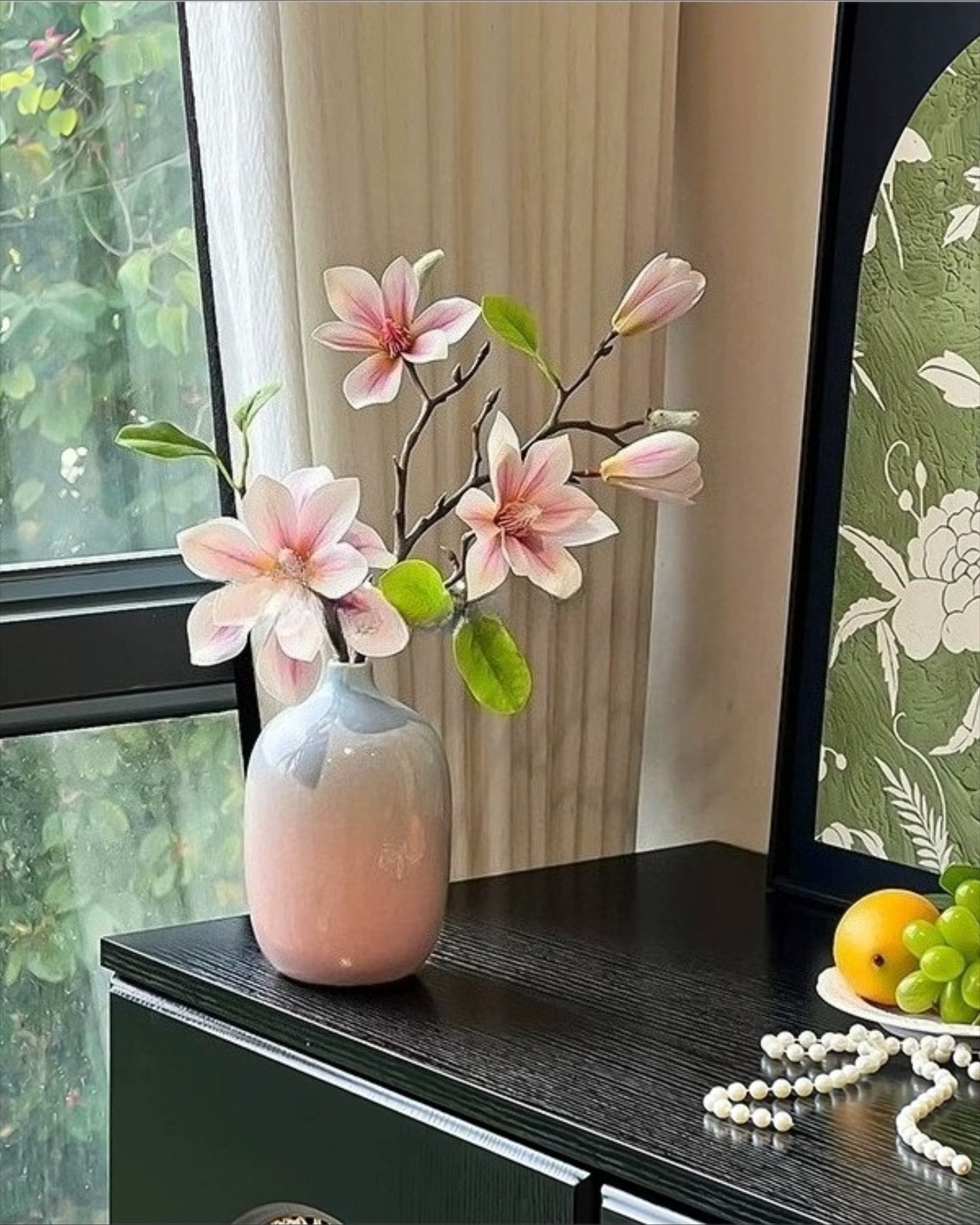 Vintage Yellow Magnolia Faux Floral Arrangement with Vase