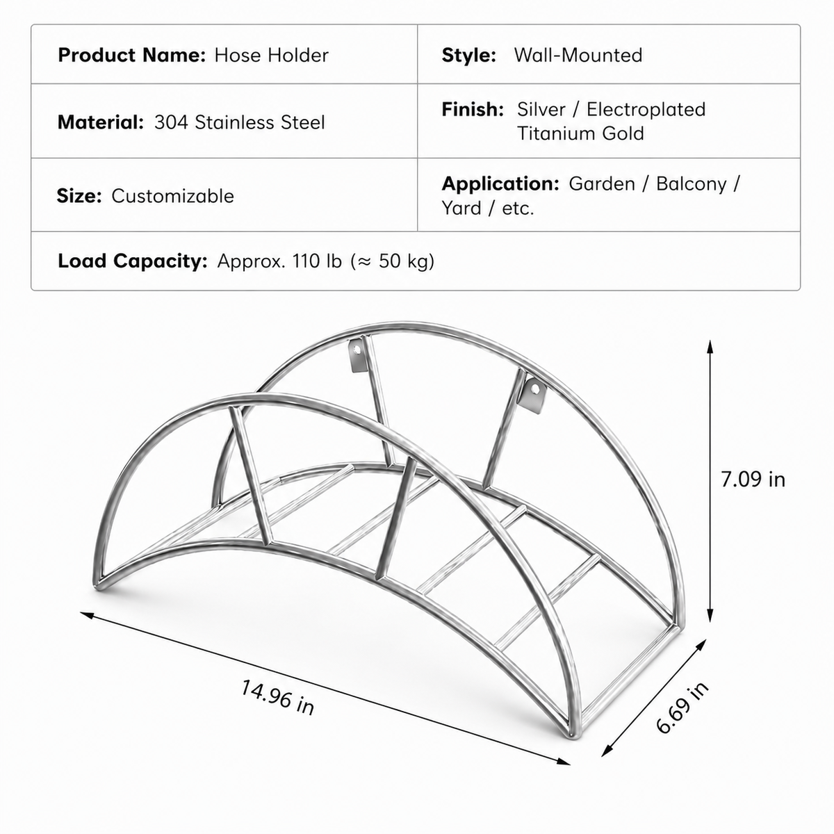 304 Stainless Steel Wall Mounted Hose Rack 15" Wide