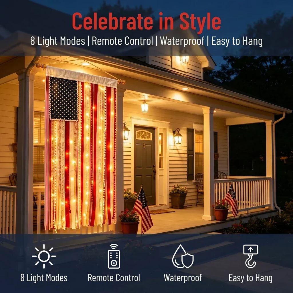 4 x 2.3 Ft Lighted Rag American Flag Banner - USA 250th Celebration
