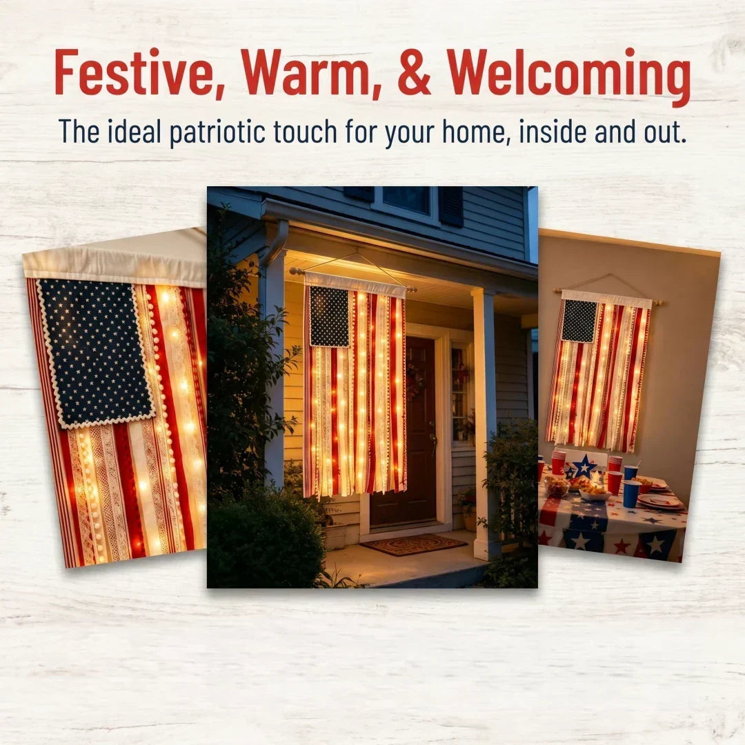 4 x 2.3 Ft Lighted Rag American Flag Banner - USA 250th Celebration