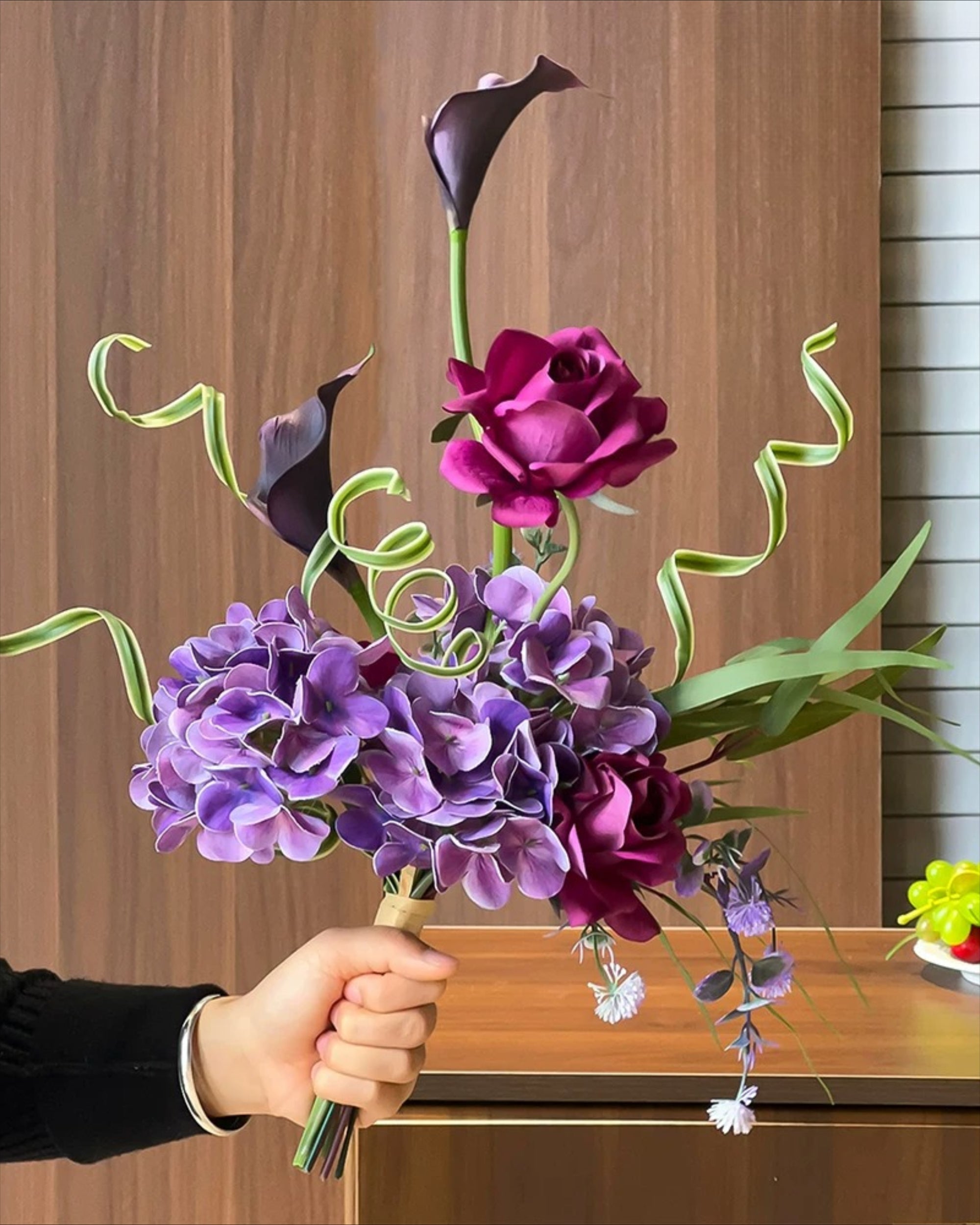 Moody Purple Hydrangea & Rose Faux Floral Arrangement
