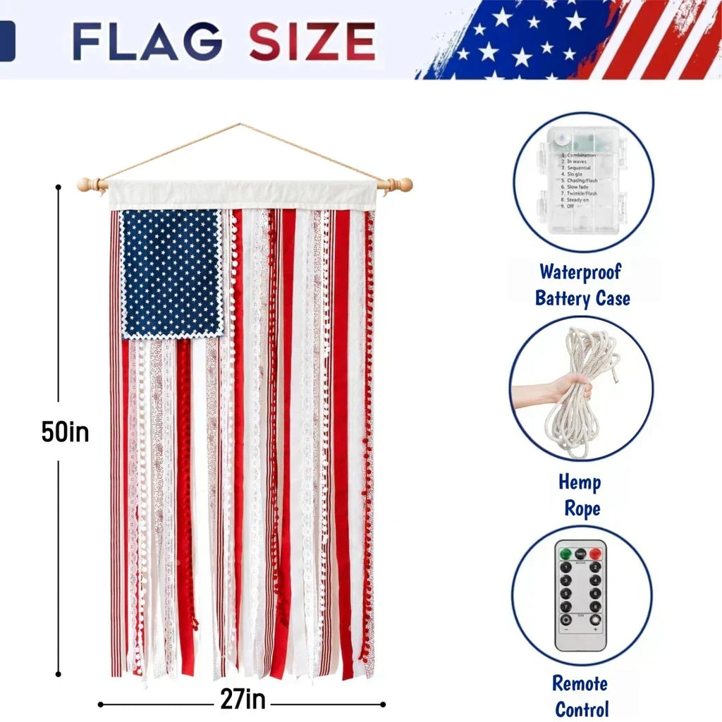 4 x 2.3 Ft Lighted Rag American Flag Banner - USA 250th Celebration