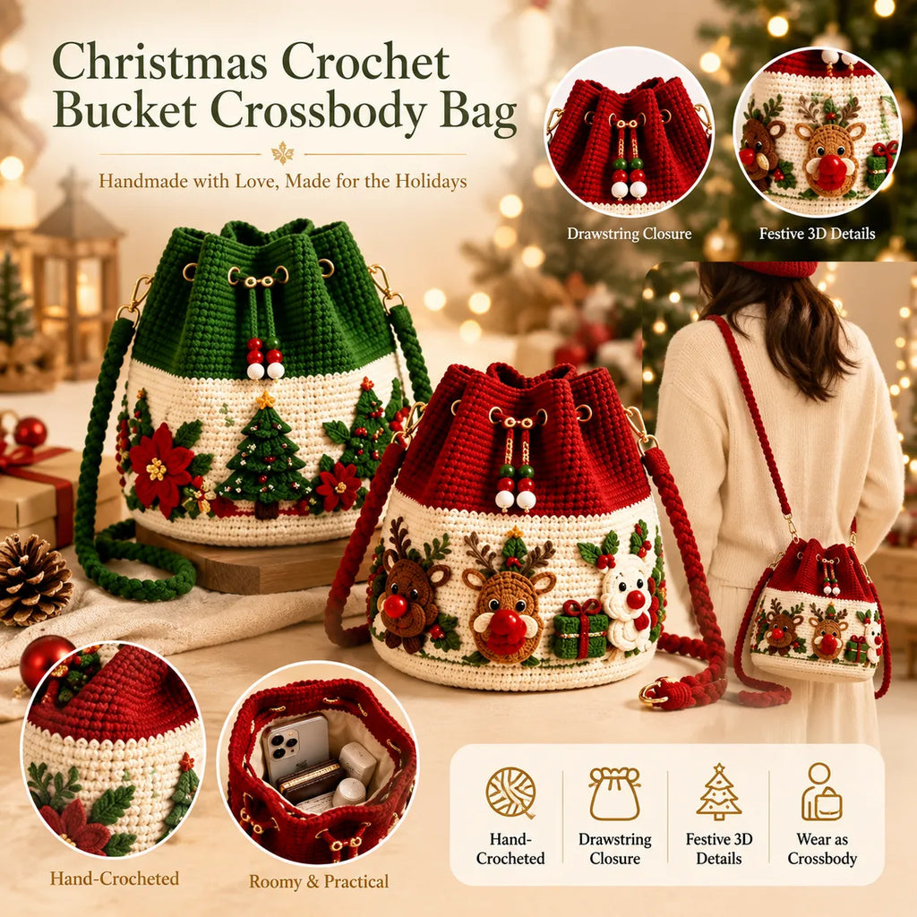 Christmas Crochet Bucket Crossbody Bag – Festive Holiday Handbag