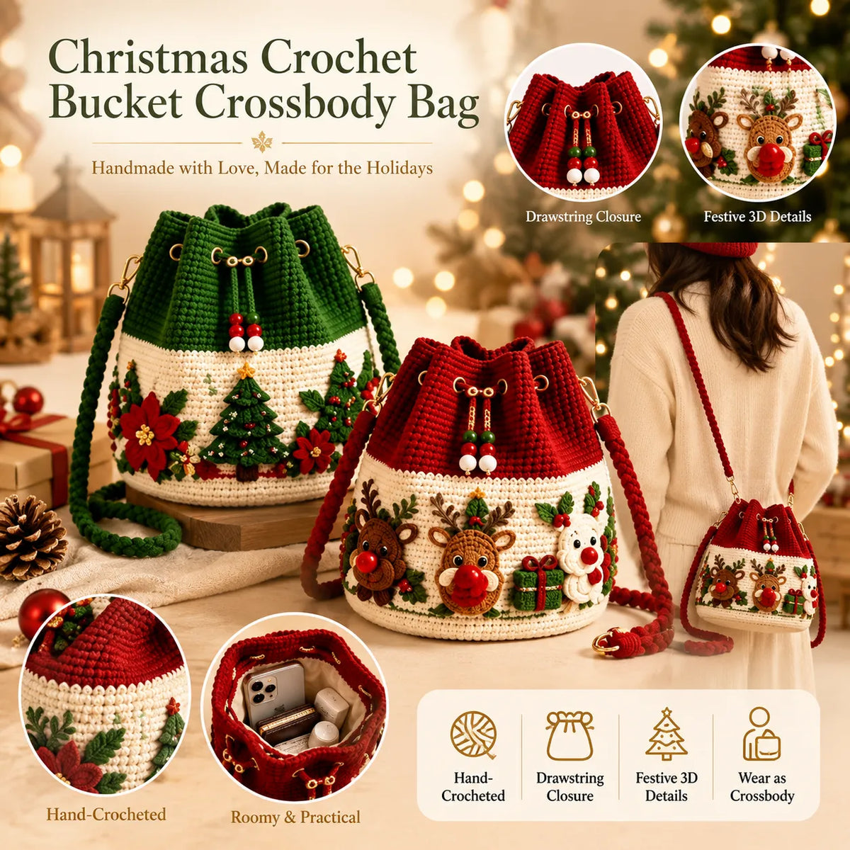 Christmas Crochet Bucket Crossbody Bag – Festive Holiday Handbag
