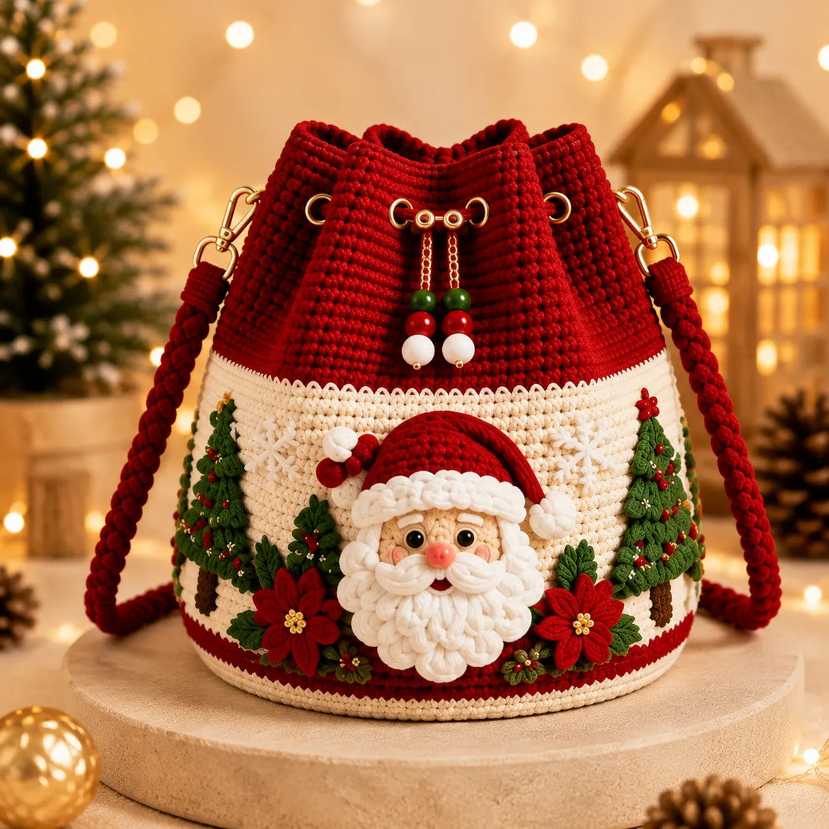 Christmas Crochet Bucket Crossbody Bag – Festive Holiday Handbag