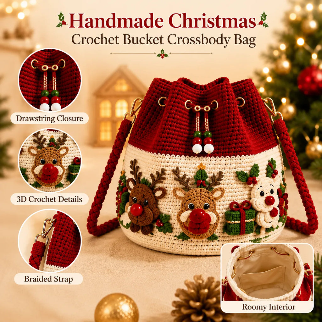 Christmas Crochet Bucket Crossbody Bag – Festive Holiday Handbag
