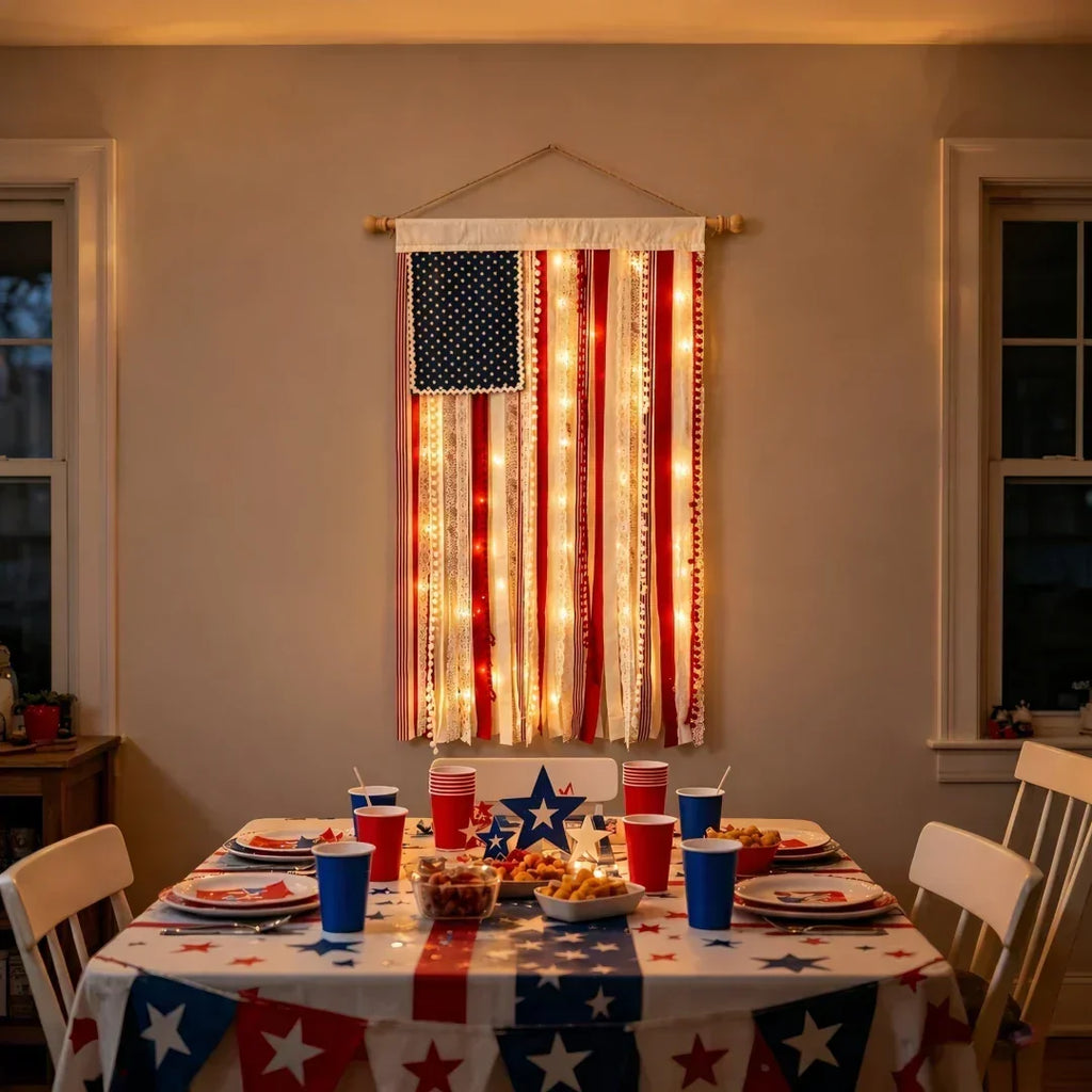 4 x 2.3 Ft Lighted Rag American Flag Banner - USA 250th Celebration