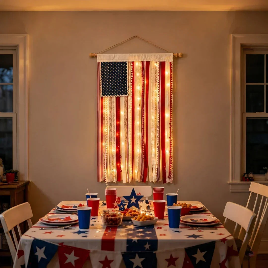 4 x 2.3 Ft Lighted Rag American Flag Banner - USA 250th Celebration