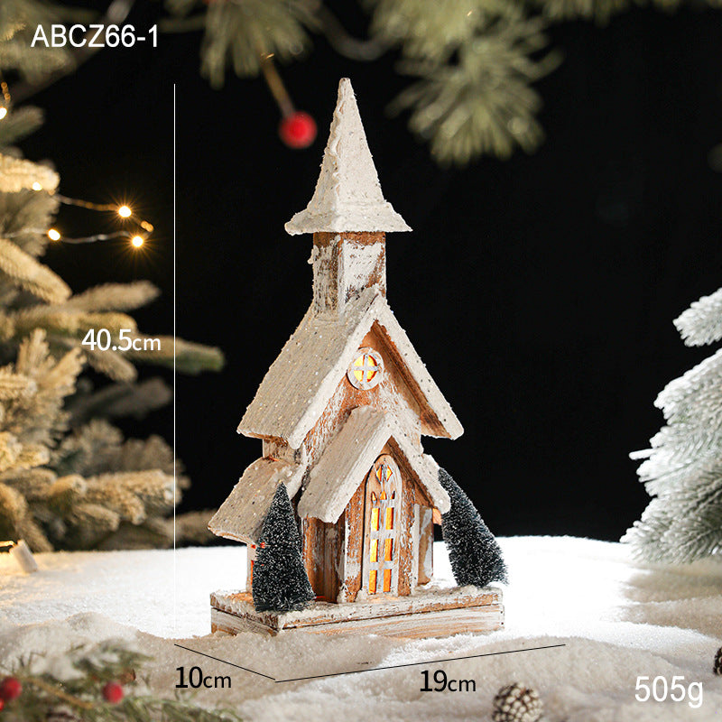 Illuminated wooden snow house in European style