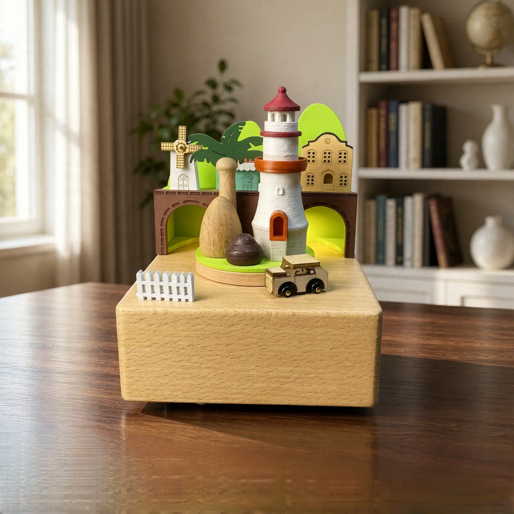 Wood music box with voice-controlled lighting