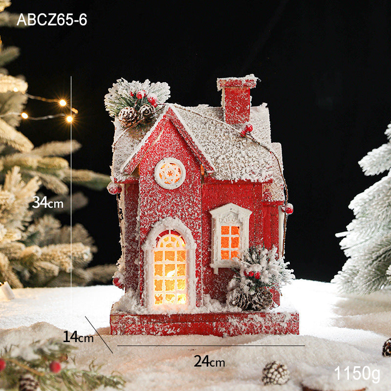 Illuminated wooden snow house in retro style