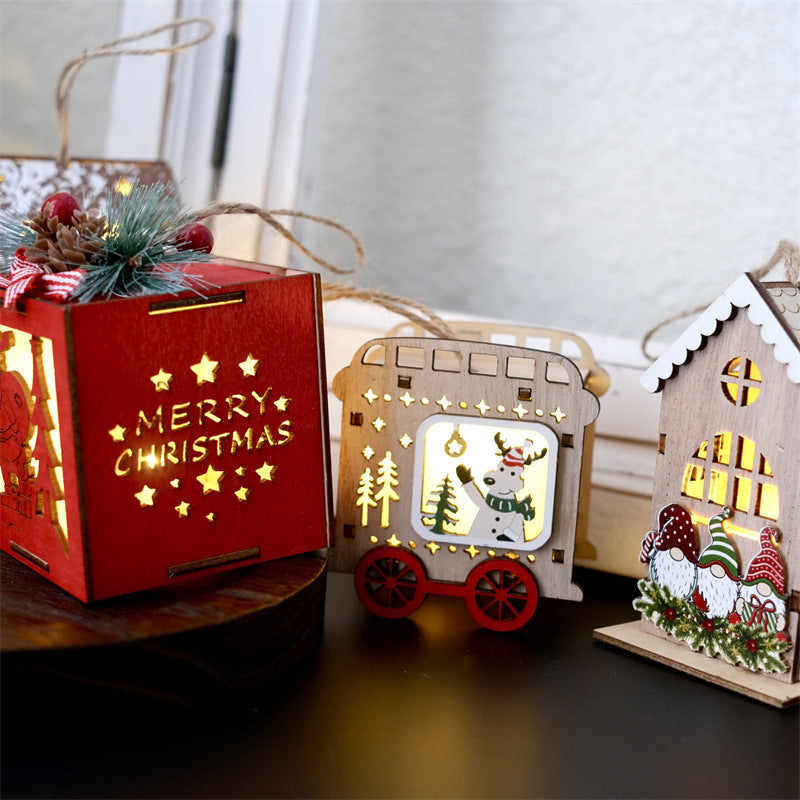 Illuminated wooden house, Christmas decoration for hanging or placing