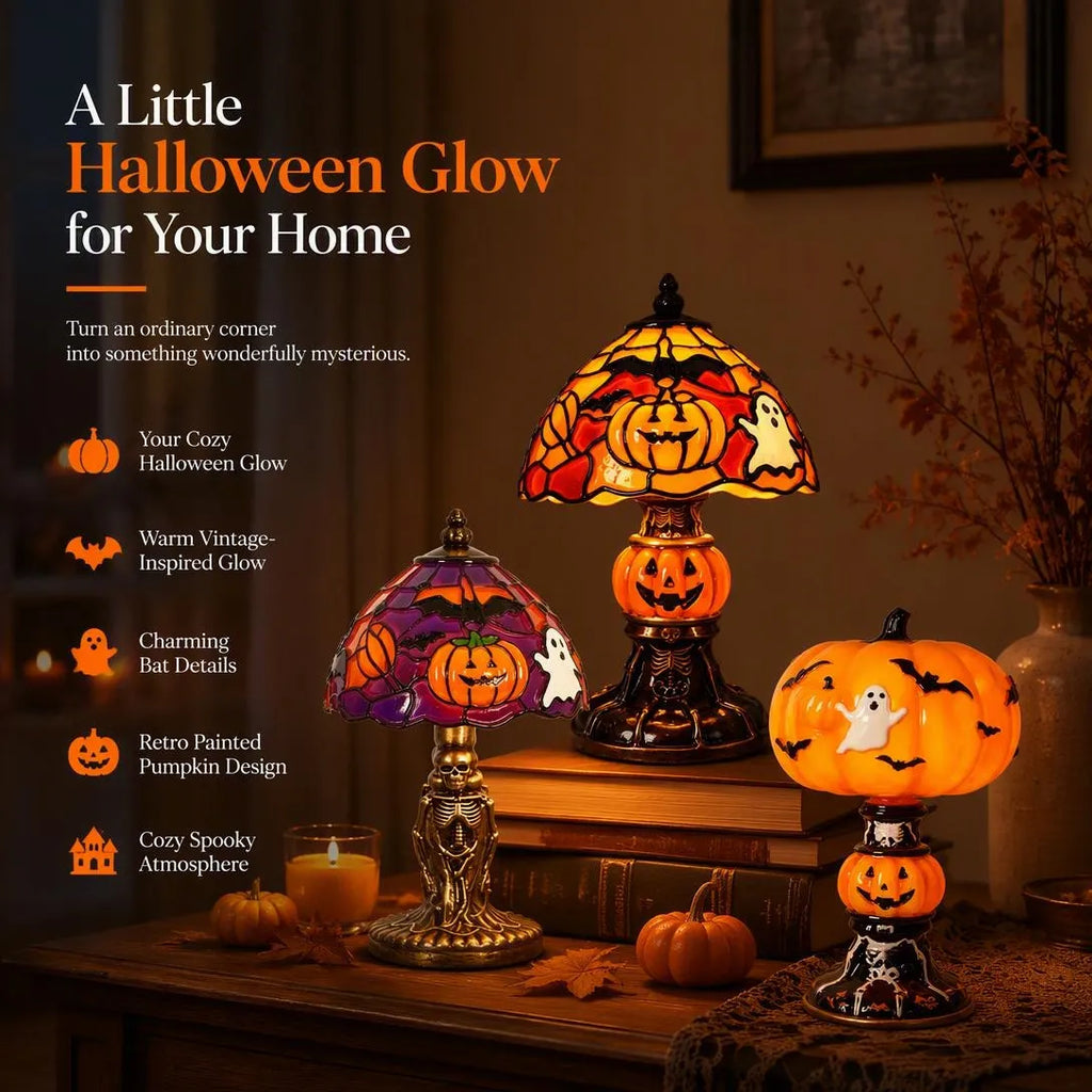 Vintage Pumpkin Bat Halloween Table Lamp