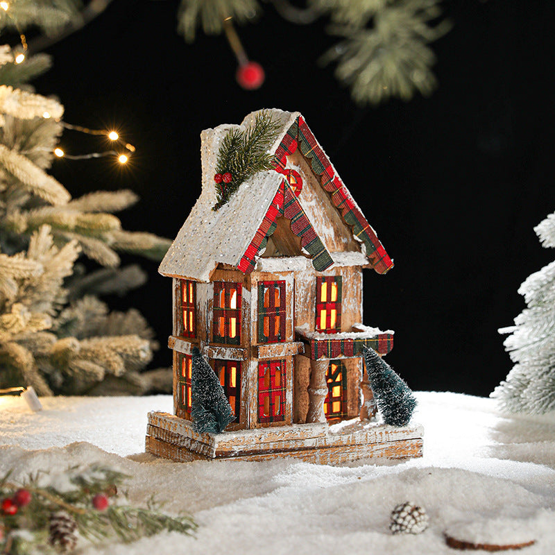 Illuminated wooden snow house in retro style