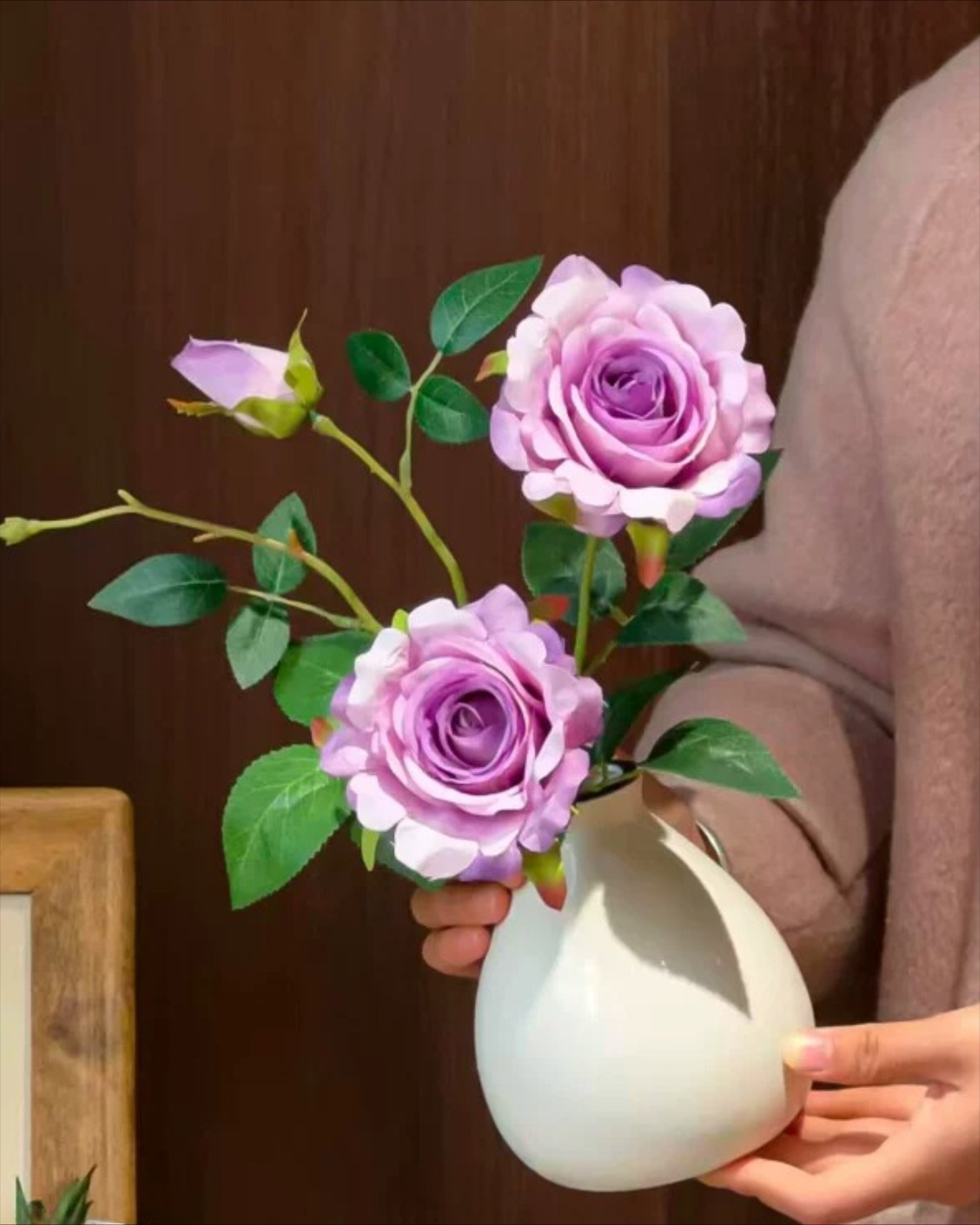 Dusty Lavender Rose Faux Floral Arrangement with Vase