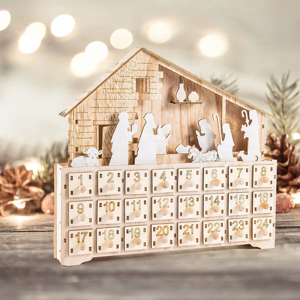 LED Advent Calendar Made of Wood, Nativity Scene