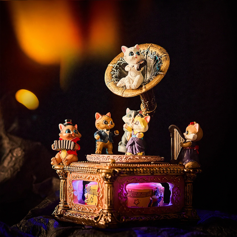 Retro music box with cat motif and Bluetooth function