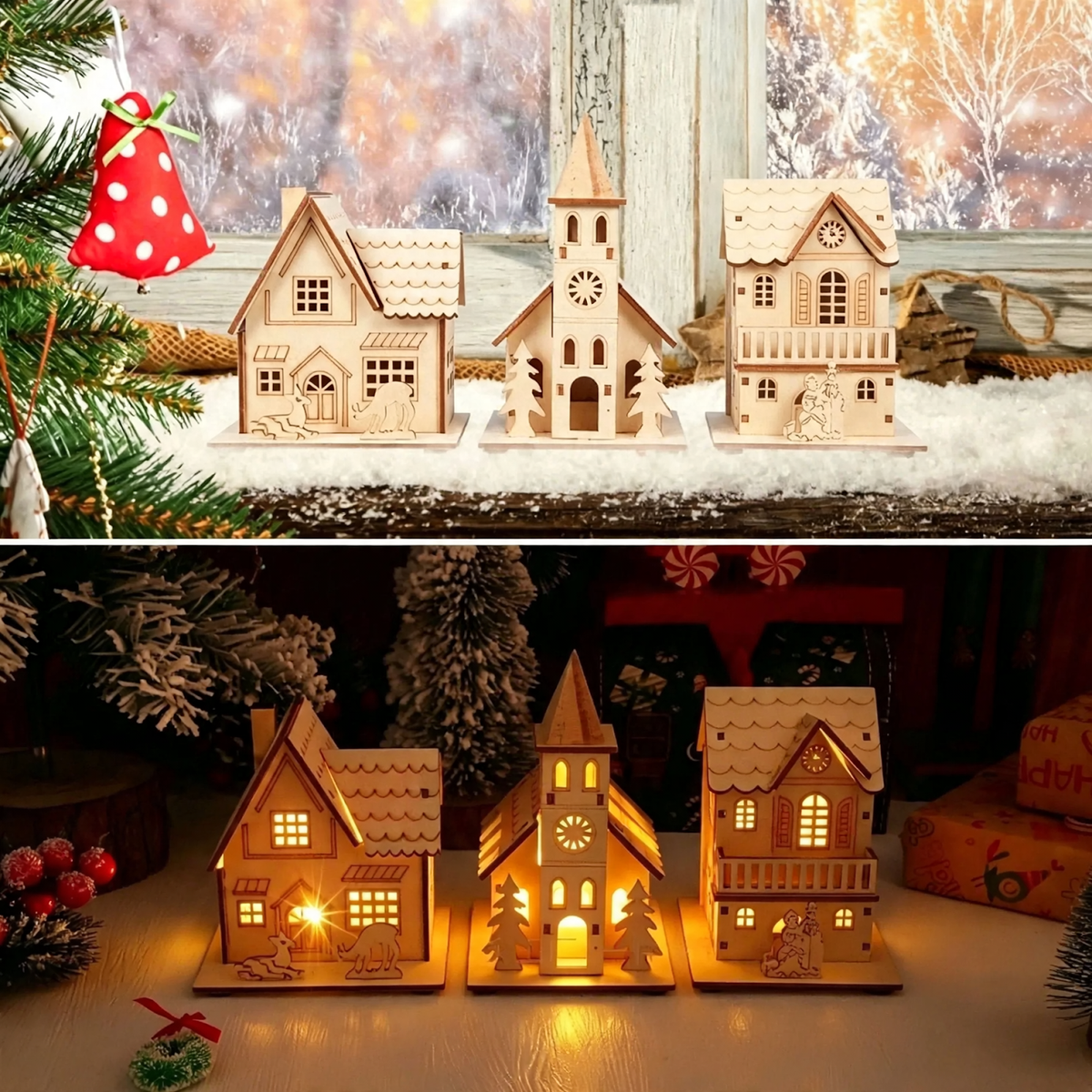 Illuminated wooden Christmas house, table decoration