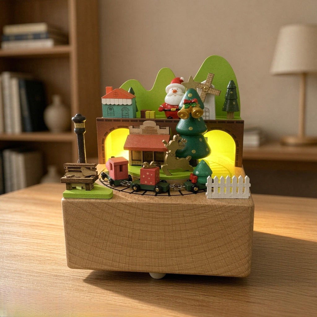 Wood music box with voice-controlled lighting