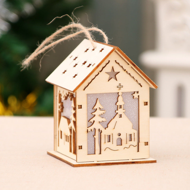 Illuminated wooden Christmas house, decorative