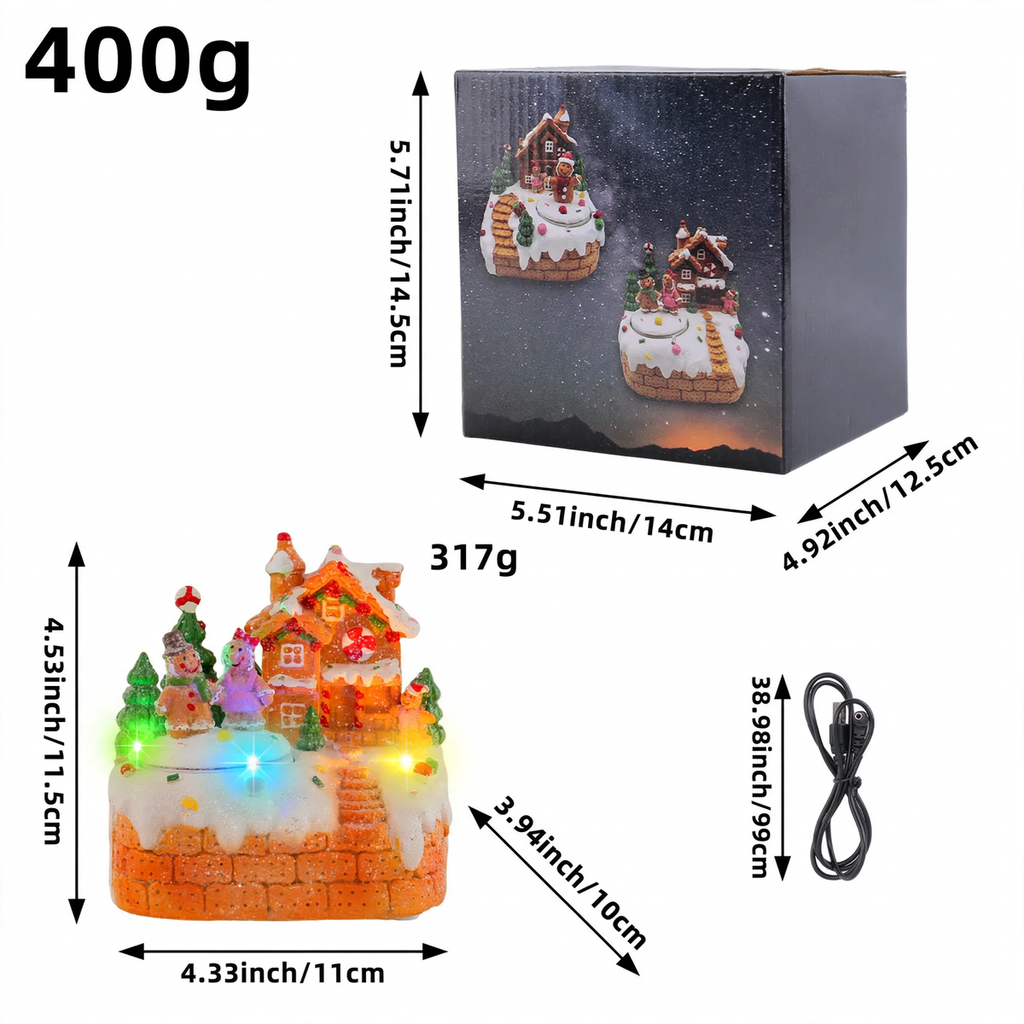Miniature music box with gingerbread man and LED lighting