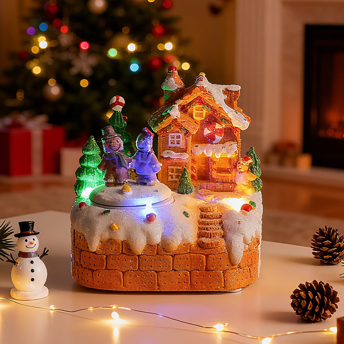 Miniature music box with gingerbread man and LED lighting