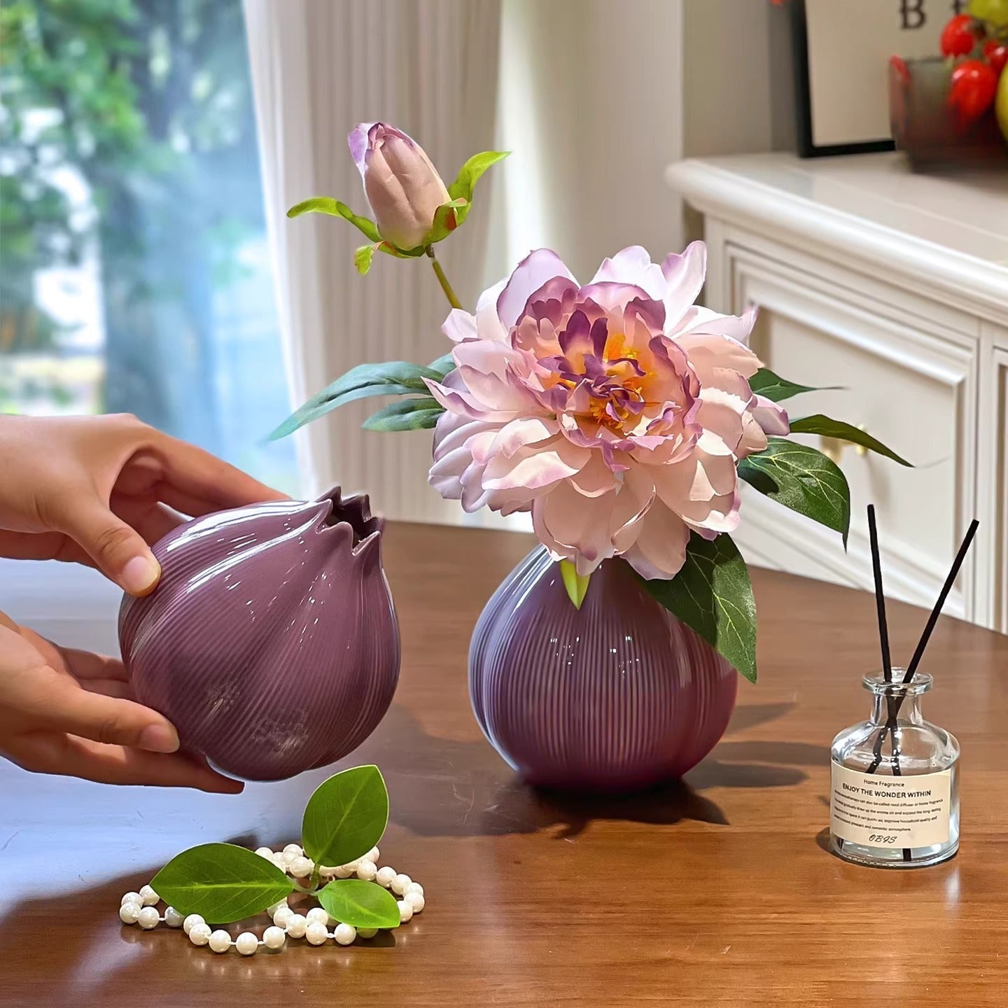 Ethereal Lavender Peony Onion Vase Faux Floral Arrangement