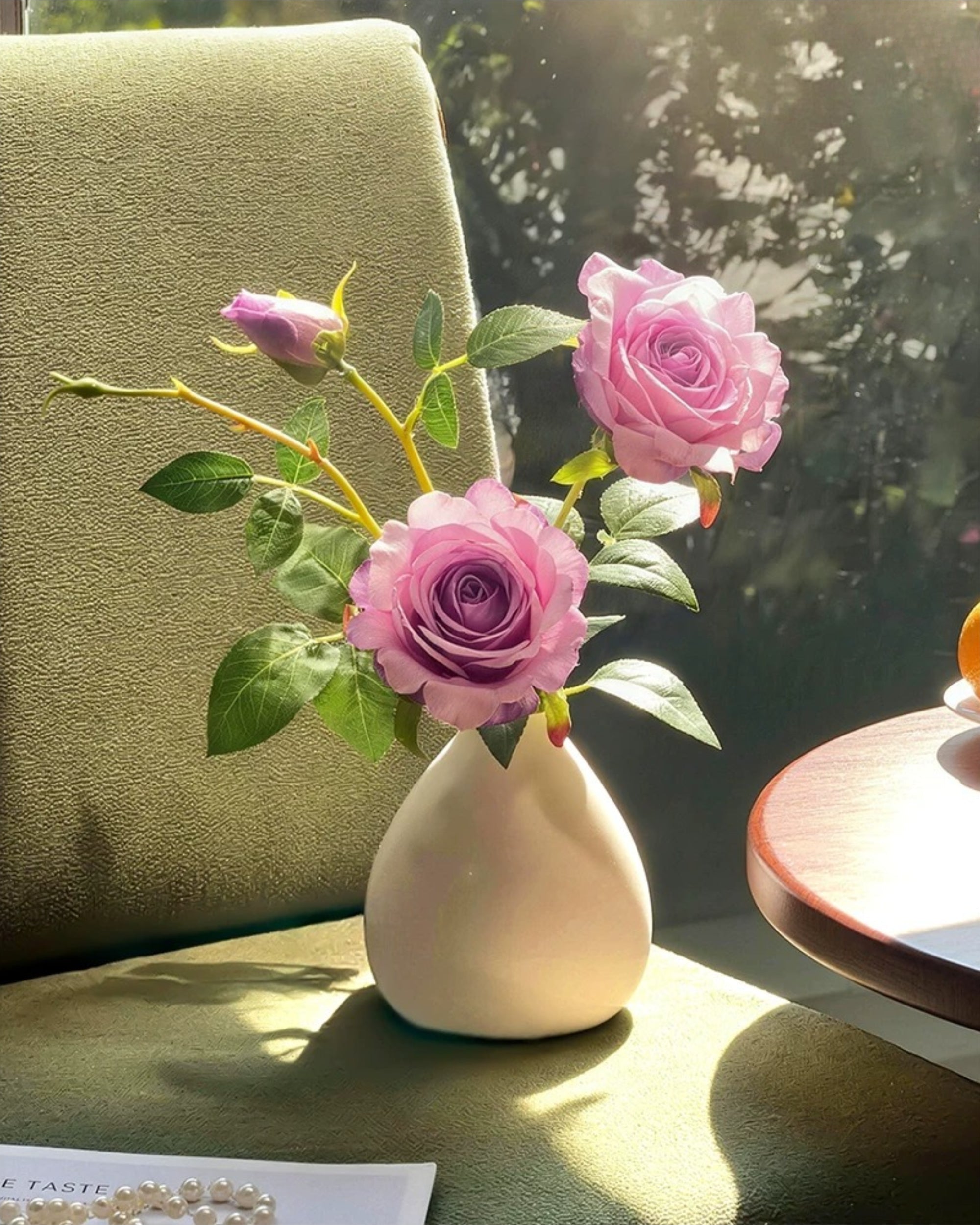 Dusty Lavender Rose Faux Floral Arrangement with Vase