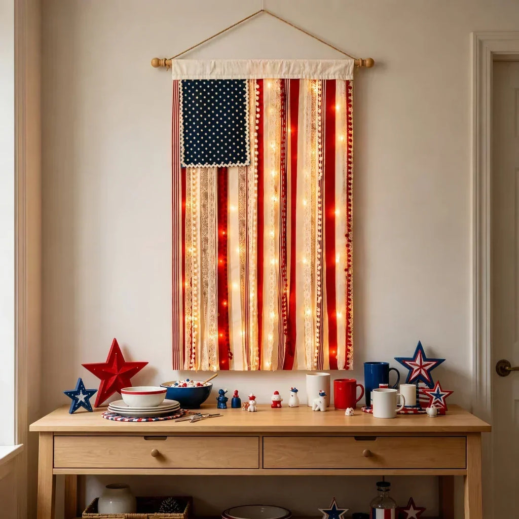 4 x 2.3 Ft Lighted Rag American Flag Banner - USA 250th Celebration