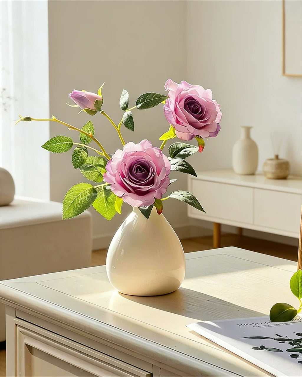 Dusty Lavender Rose Faux Floral Arrangement with Vase