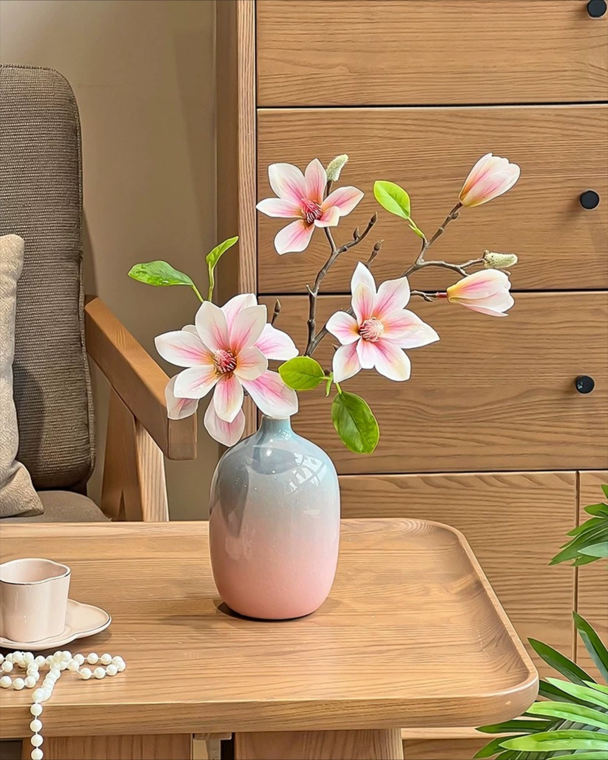 Pink Magnolia Gradient Vase Faux Floral Arrangement with Vase