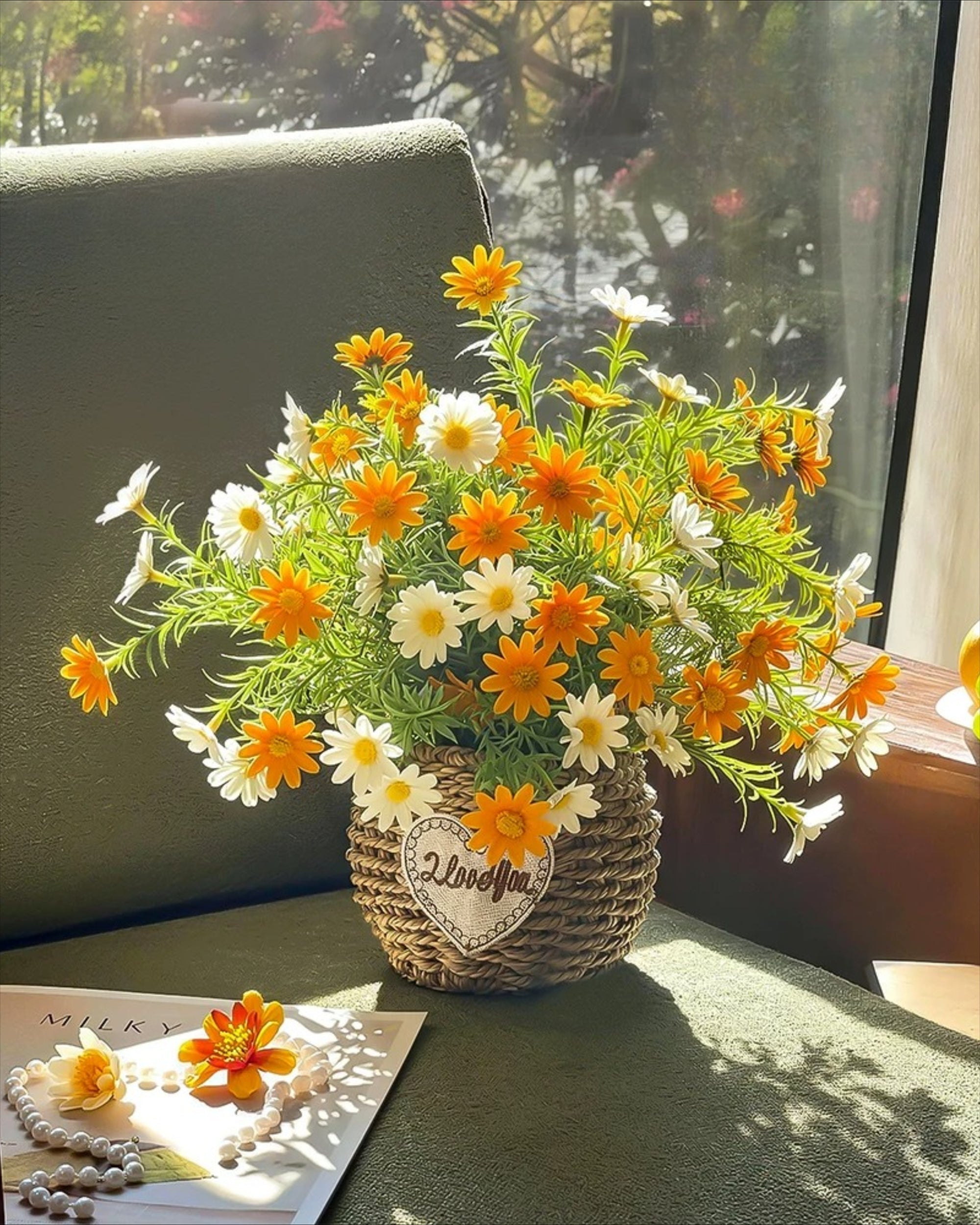 Sunlit Daisy & Chamomile Faux Floral Basket Arrangement