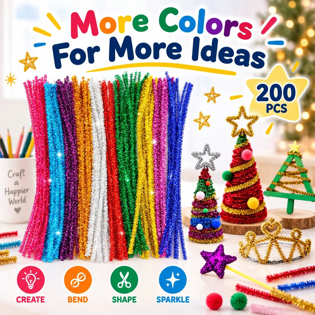 200pcs Mixed Color Glitter Pipe Cleaners For DIY Crafts