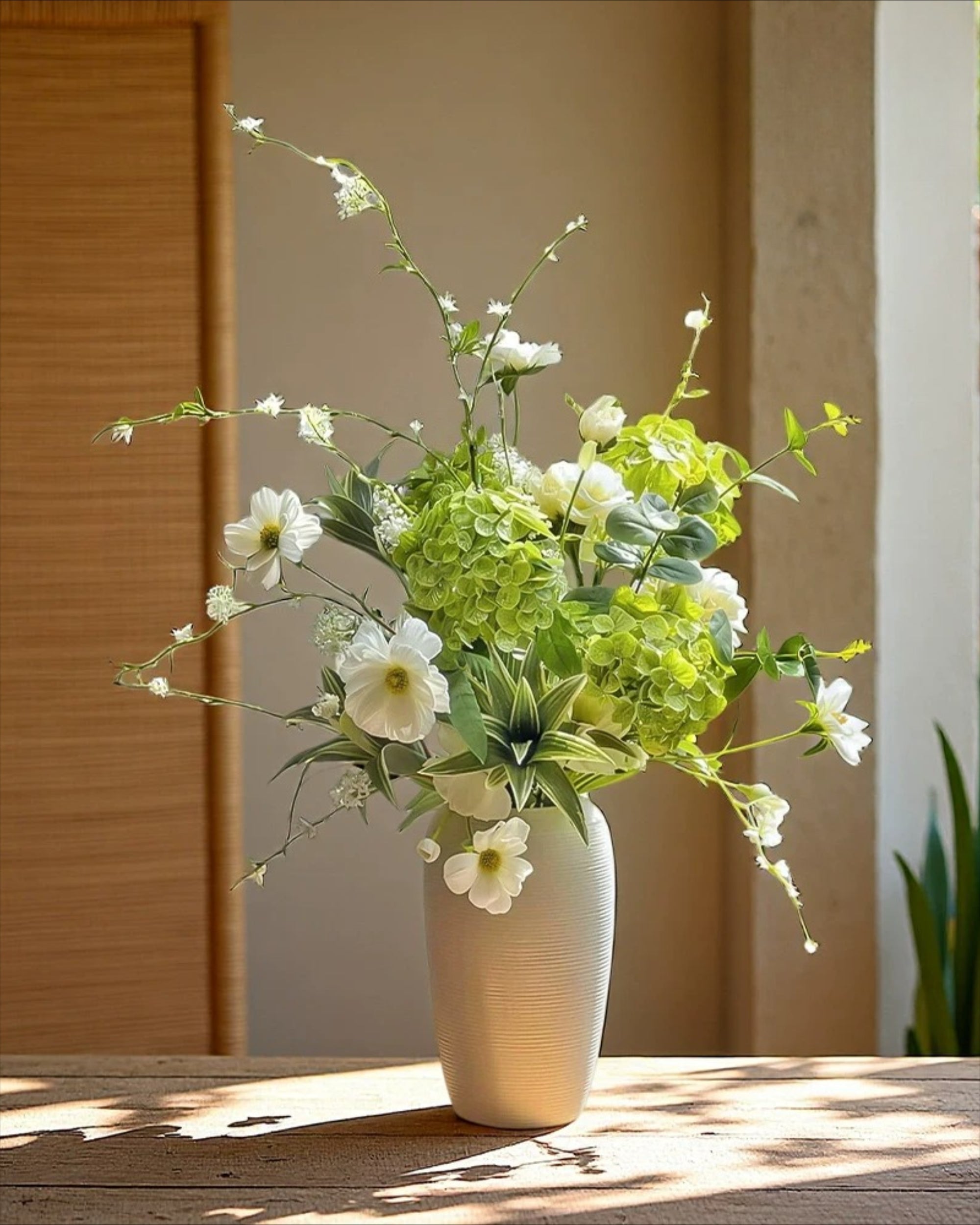 Vintage Fresh Green Hydrangea & White Cosmos Faux Floral Arrangement
