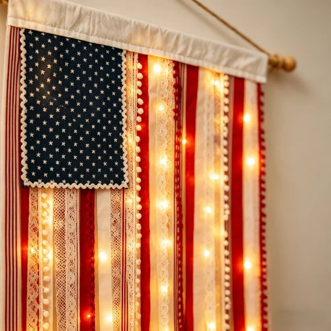 4 x 2.3 Ft Lighted Rag American Flag Banner - USA 250th Celebration