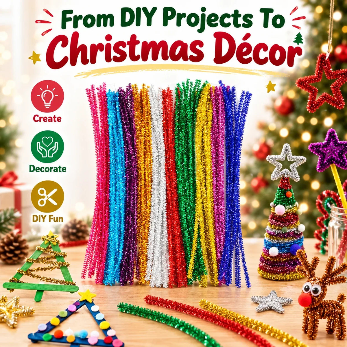 200pcs Mixed Color Glitter Pipe Cleaners For DIY Crafts
