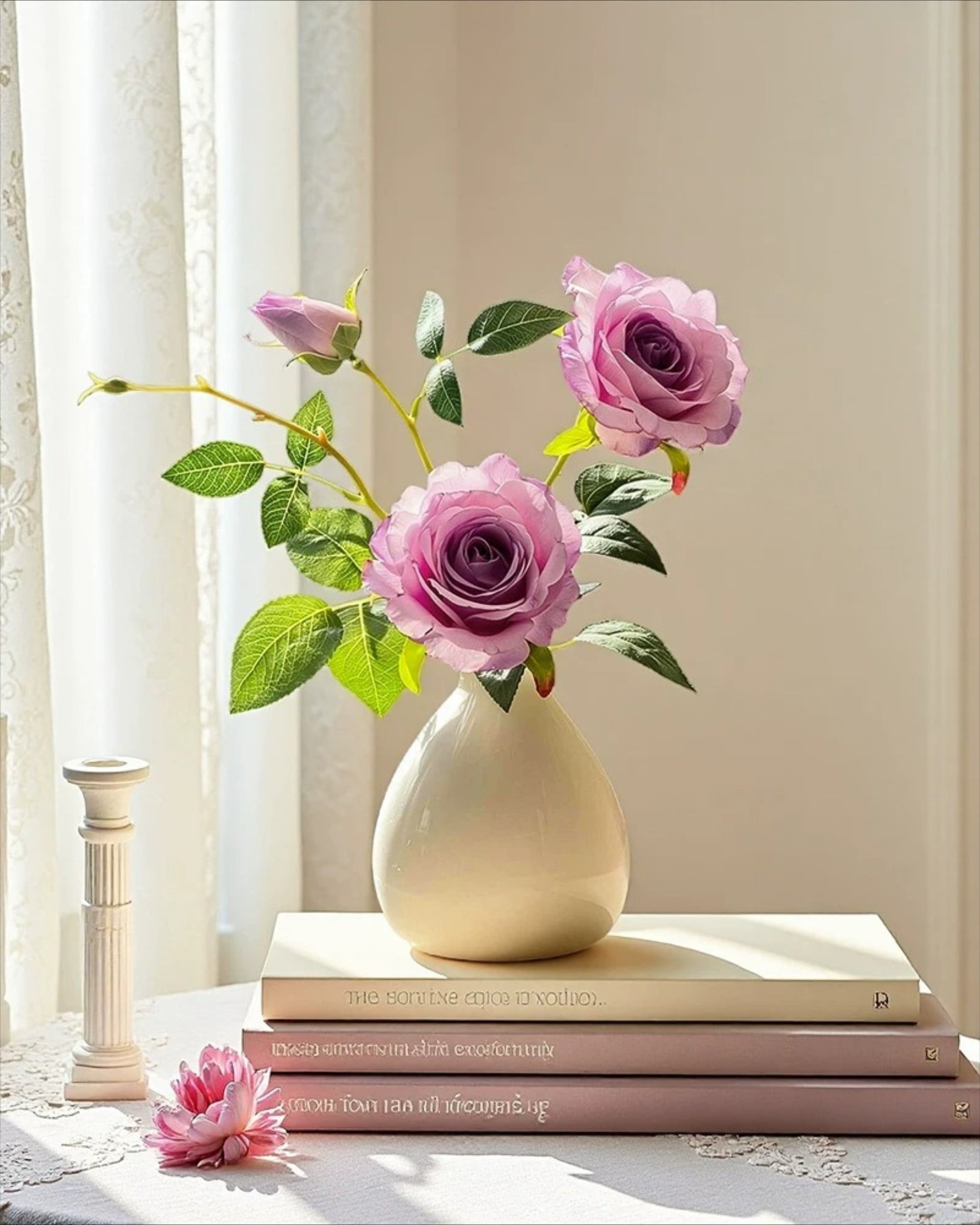 Dusty Lavender Rose Faux Floral Arrangement with Vase