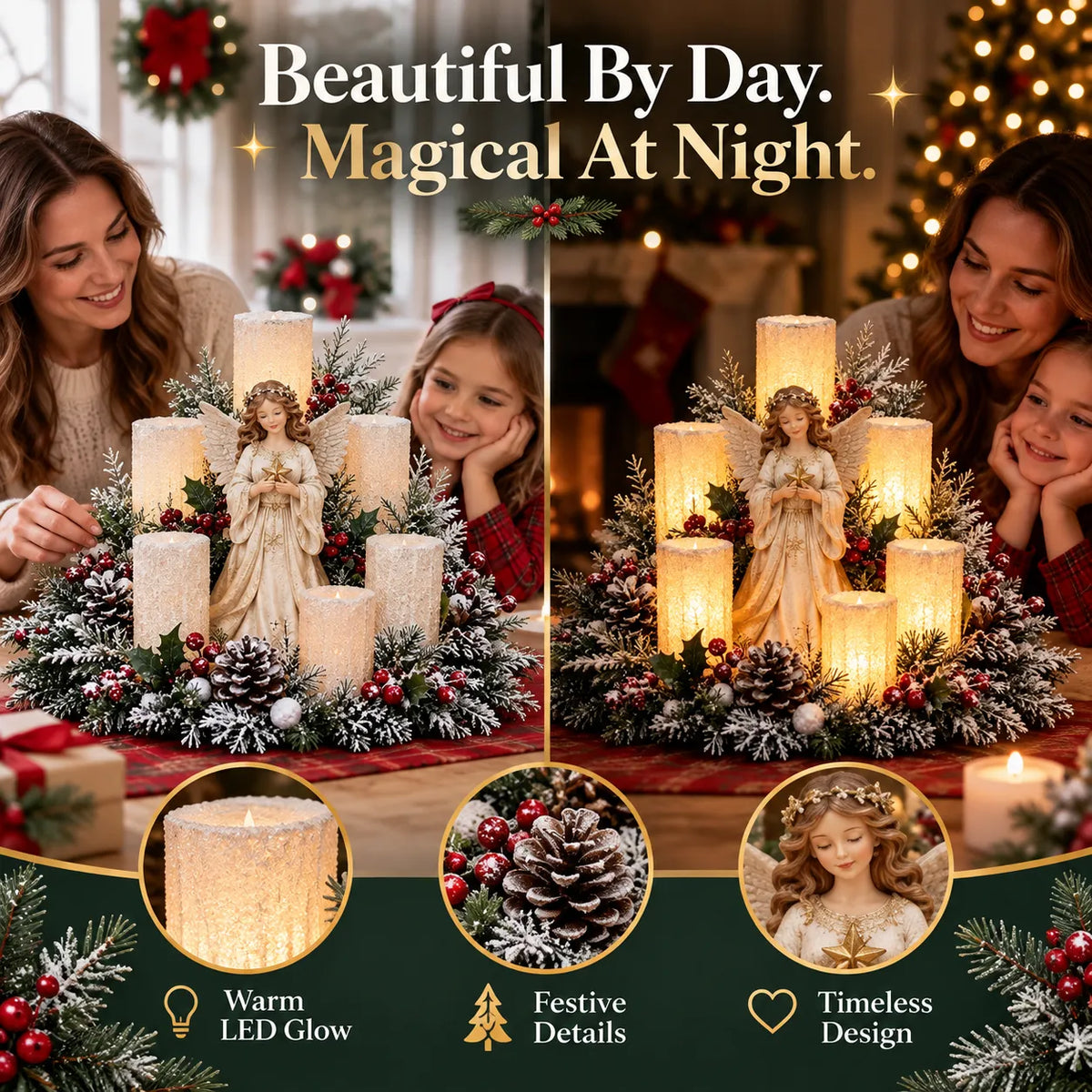 Christmas Lighted Centerpiece With Flameless Candle Glow