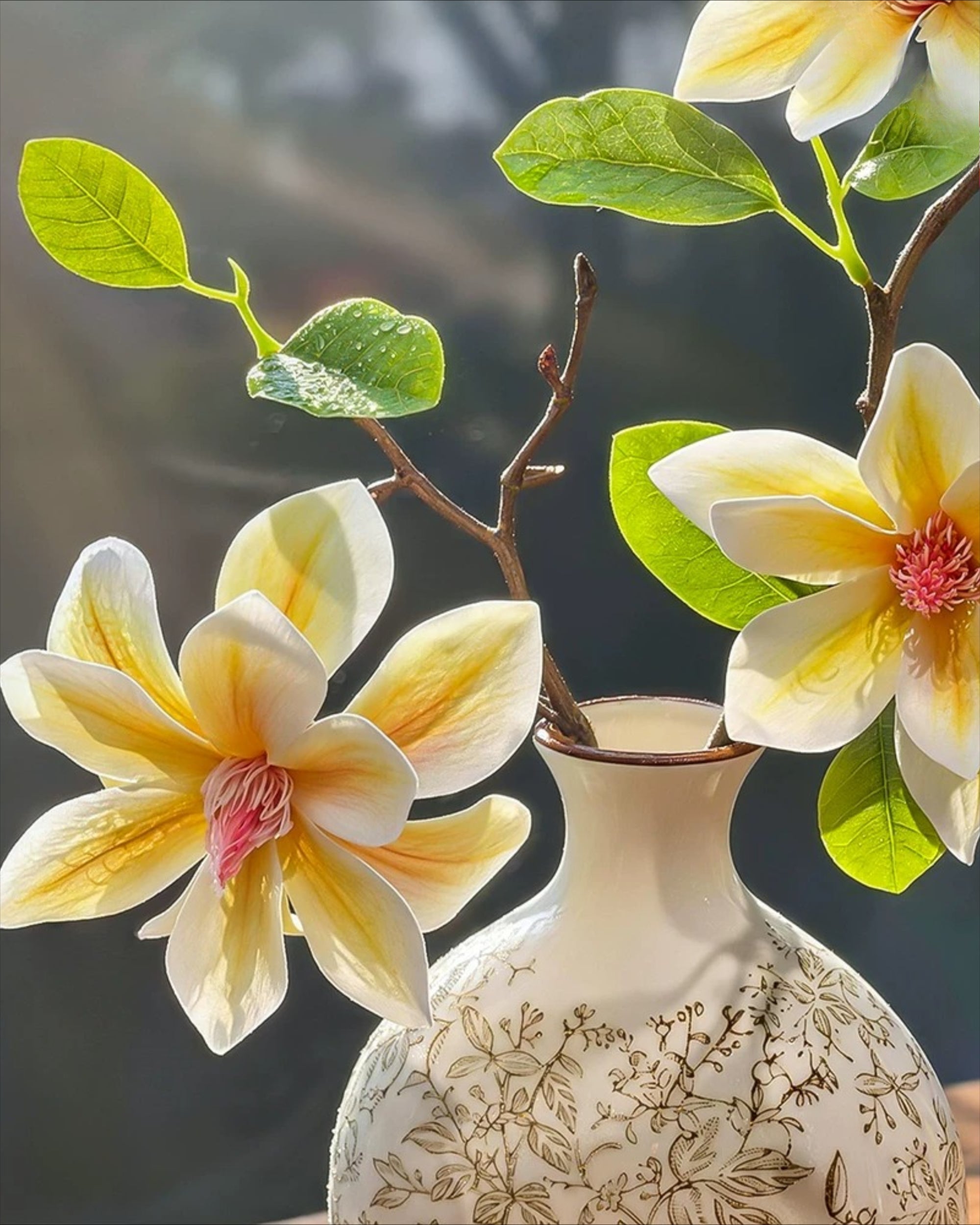 Vintage Yellow Magnolia Faux Floral Arrangement with Vase