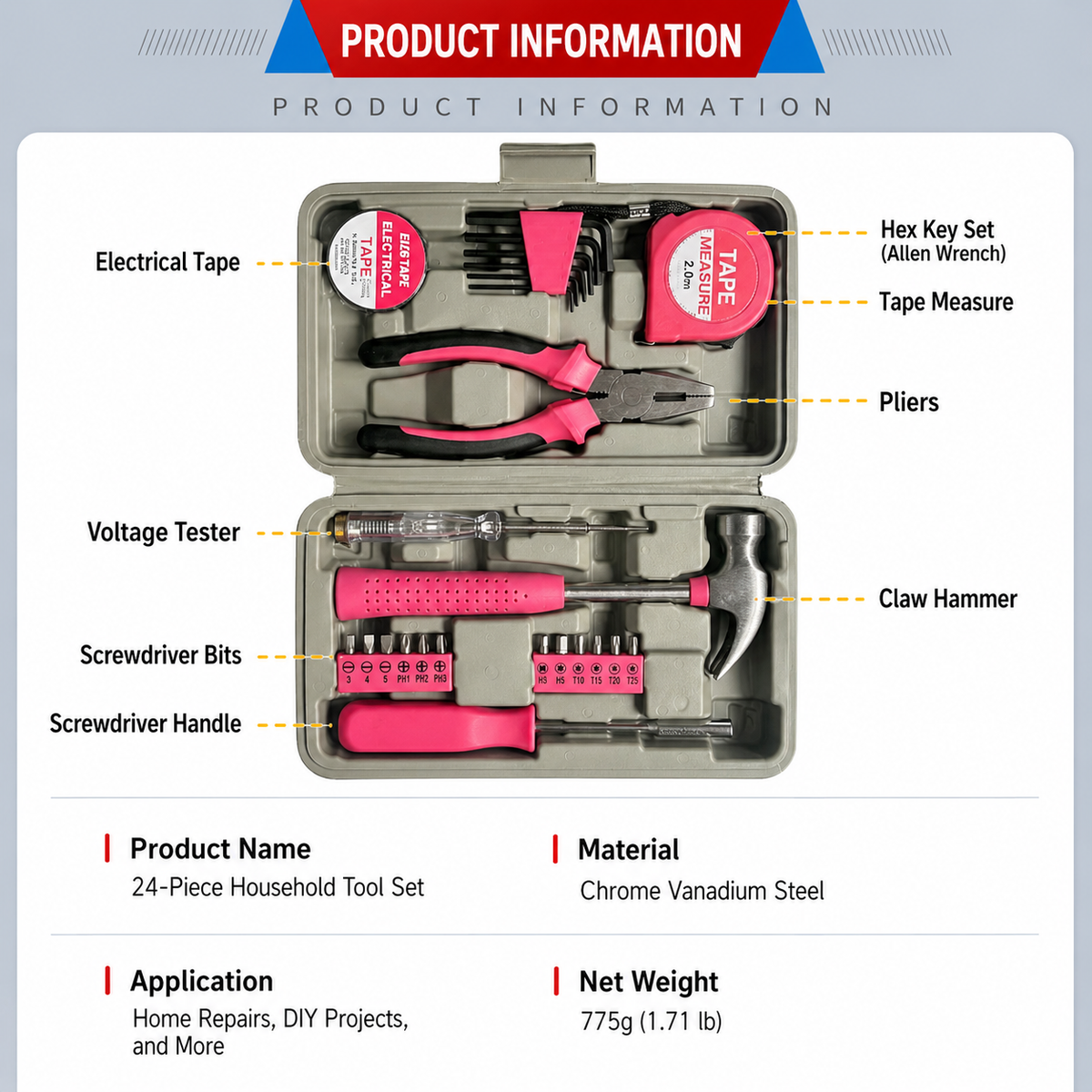 24 Piece Household Tool Set with Hammer Pliers Screwdriver Kit