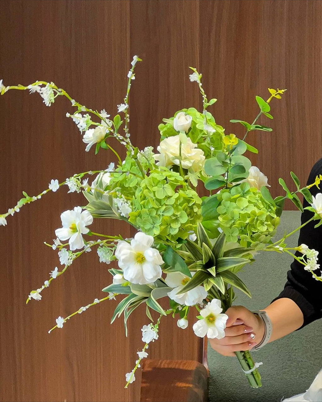 Vintage Fresh Green Hydrangea & White Cosmos Faux Floral Arrangement