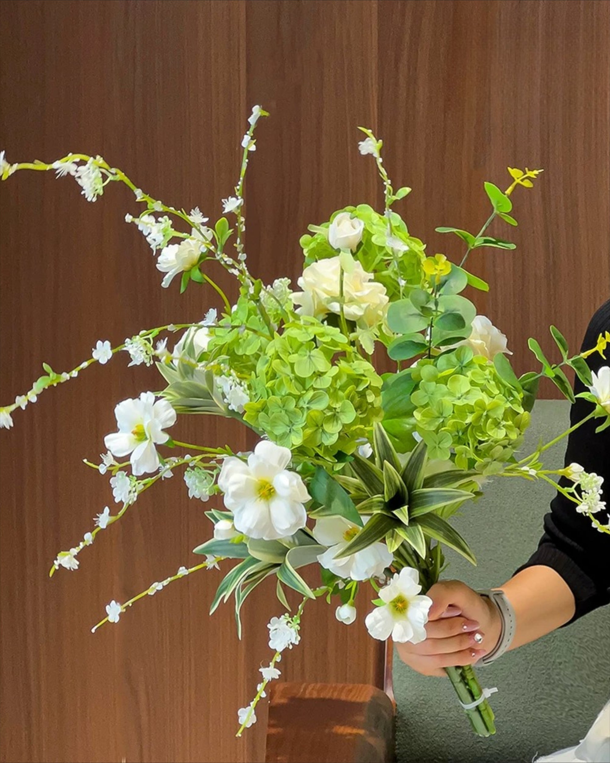 Vintage Fresh Green Hydrangea & White Cosmos Faux Floral Arrangement