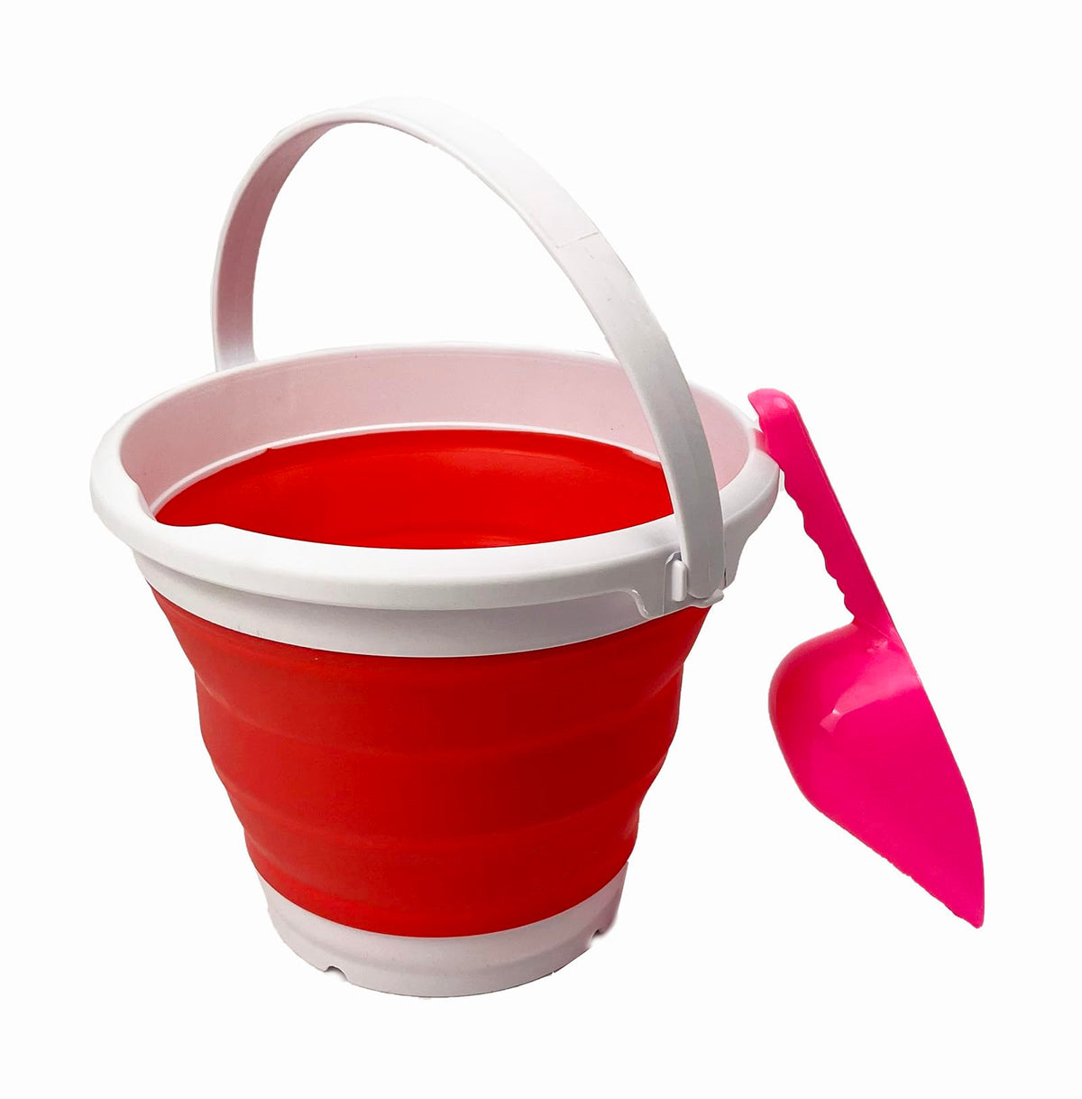 Collapsible Plastic Bucket - Pop up Saving - by Maetiva (White/Coral Pink, Round, 5.5L)