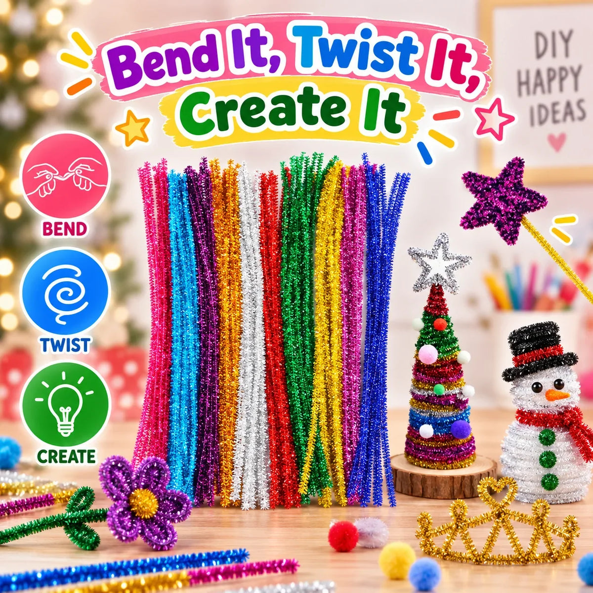 200pcs Mixed Color Glitter Pipe Cleaners For DIY Crafts
