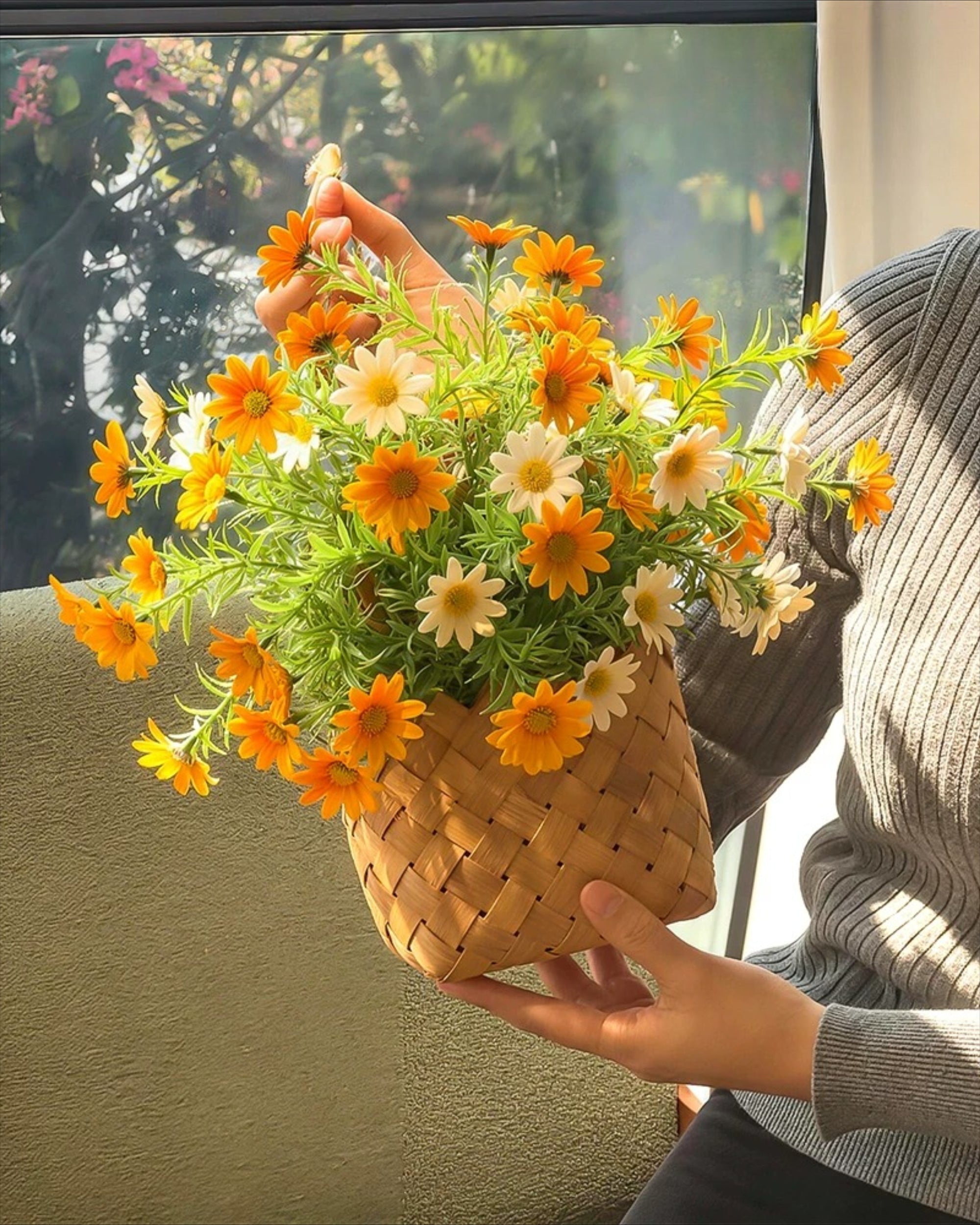 Sunlit Daisy & Chamomile Faux Floral Basket Arrangement