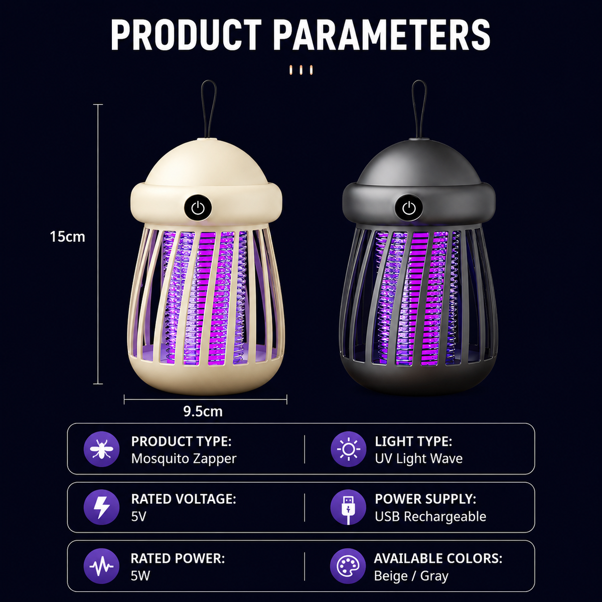 Portable Mosquito Zapper Lamp USB Rechargeable UV Light for Indoor Outdoor Use