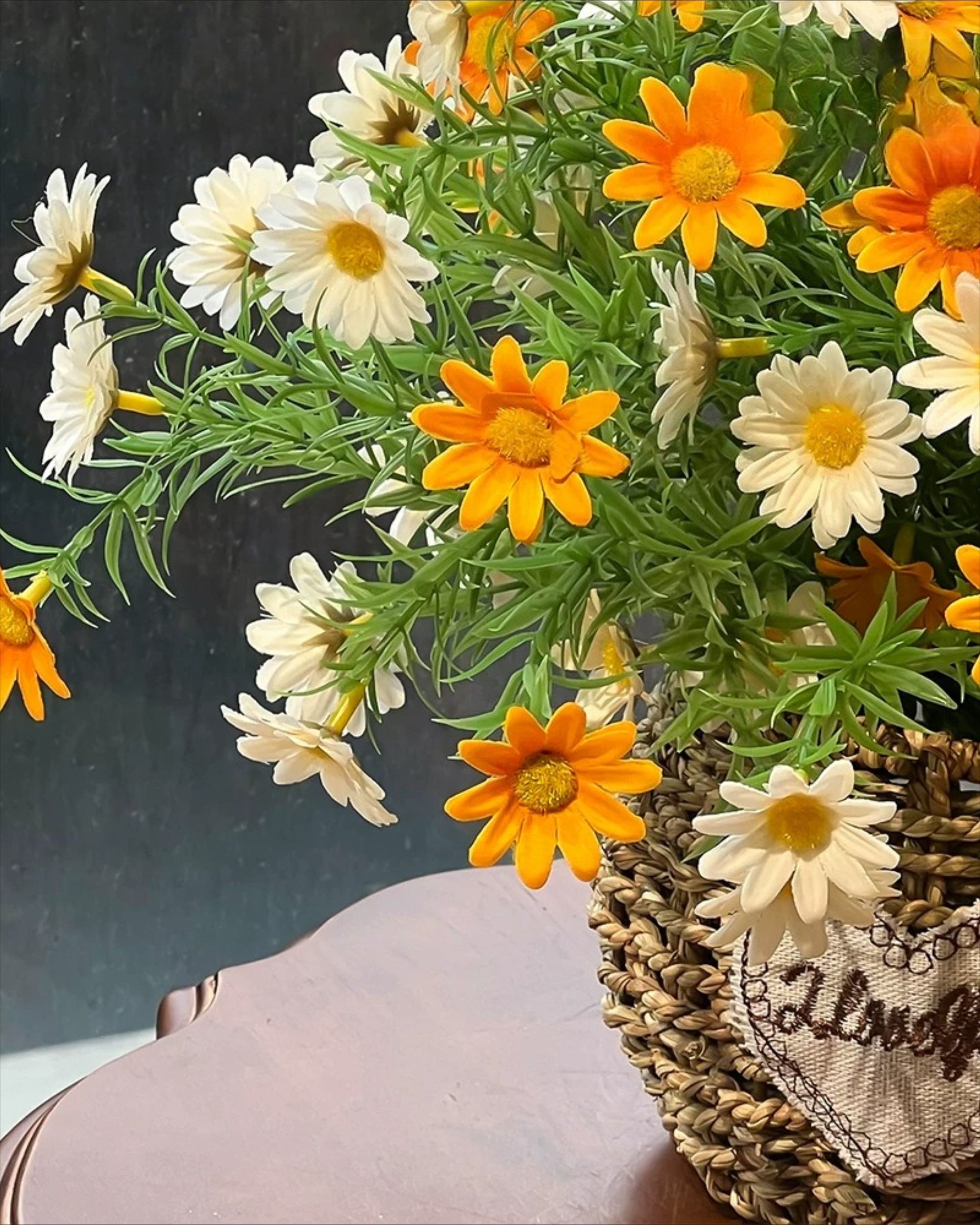 Sunlit Daisy & Chamomile Faux Floral Basket Arrangement