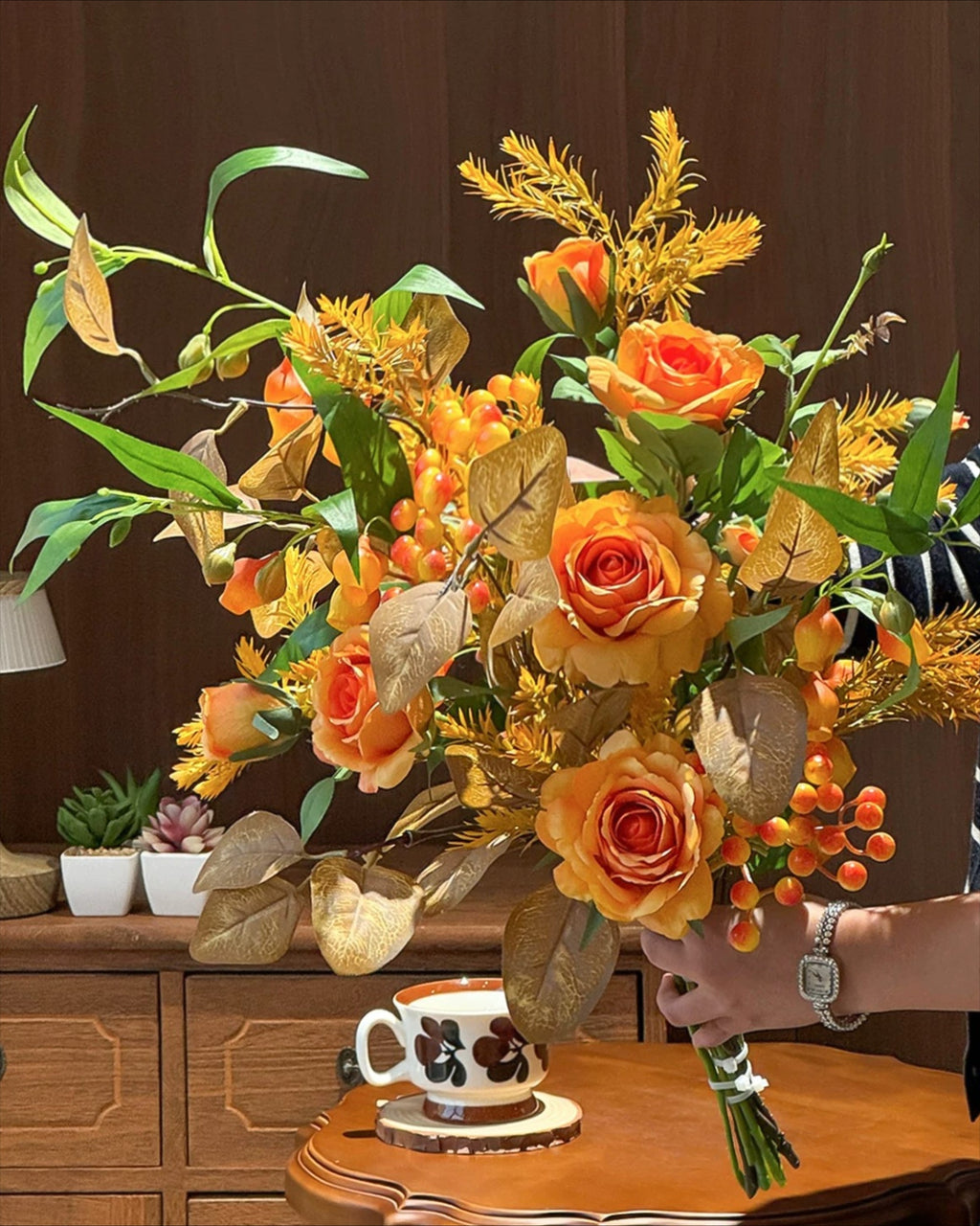 Vintage Autumn Amber Rose & Berry Faux Floral Arrangement