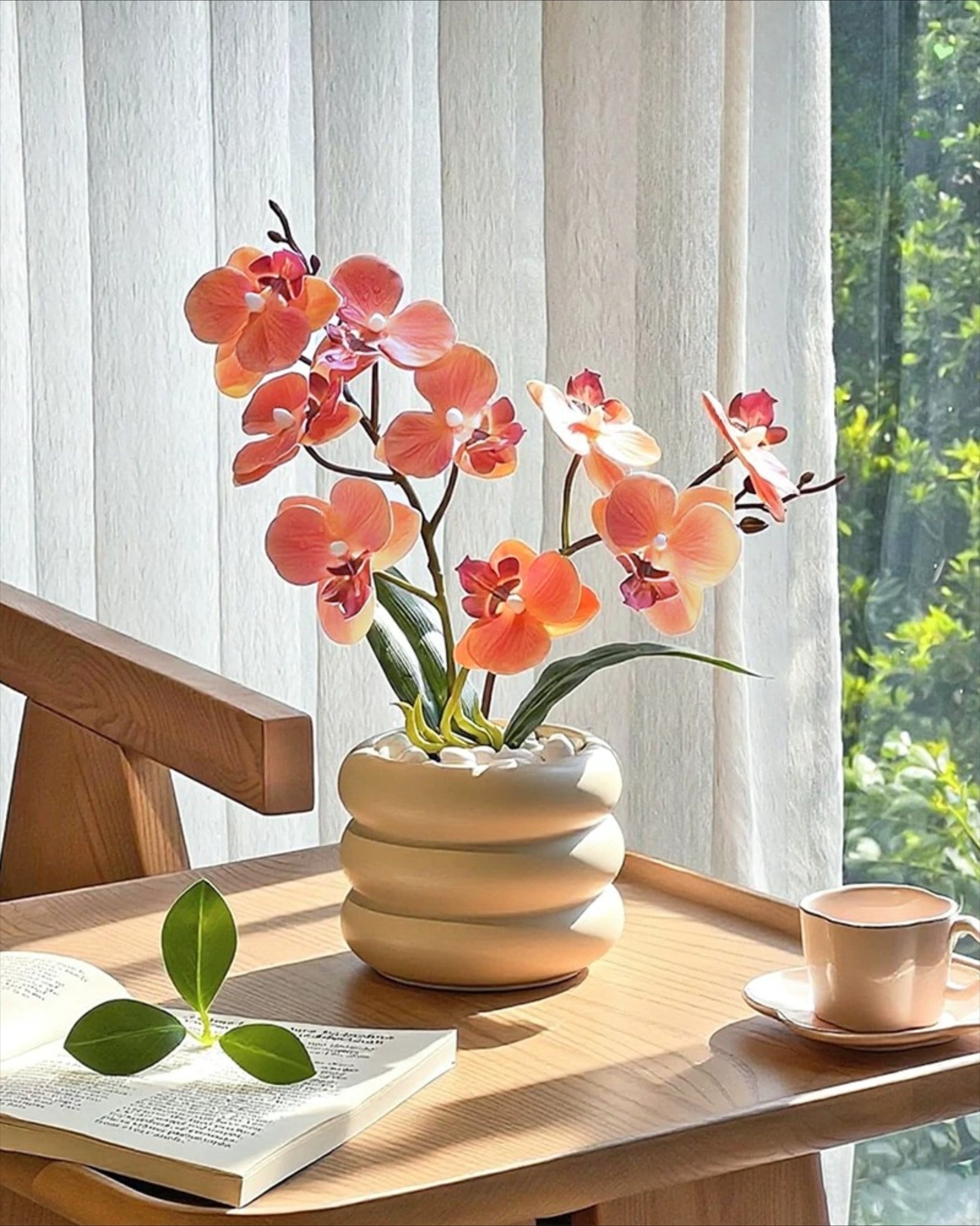 Soft Coral Pink Phalaenopsis Faux Floral Arrangement